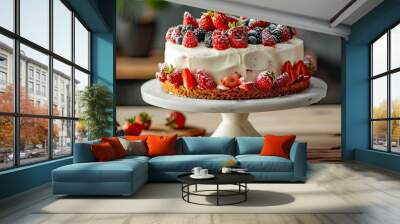 Delicious homemade strawberry cake with summer fruits cream cheese frosting and sugar dust on a white marble stand and wooden table perfect for a summer berry dessert Includes copy space image Wall mural