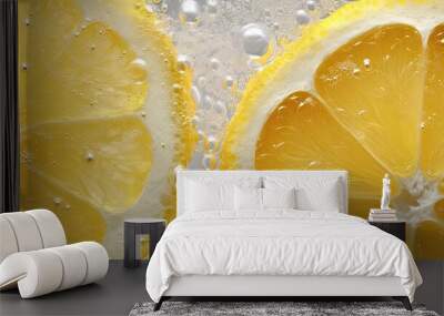 Detail of carbonated water with lemon wedge inside close up Wall mural