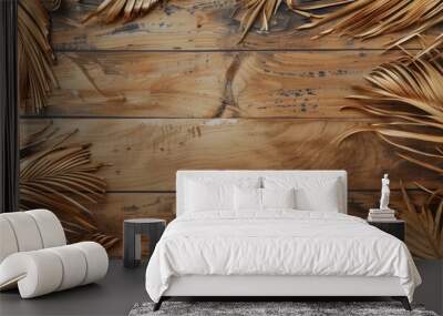 Dried palm leaves used for ancient manuscripts on a wooden background perfect as a writing material back then with a blank copy space image for text shown from top and side views Wall mural