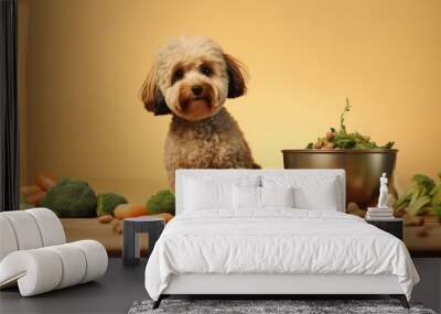 Dry dog vegan vegetarian food concept. Raw vegetables and green near bowl with pet feed on beige background Wall mural