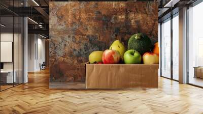 Eco friendly fruit delivery box on recycled brown craft paper with an emphasis on an environmentally conscious lifestyle featuring a copy space image Wall mural