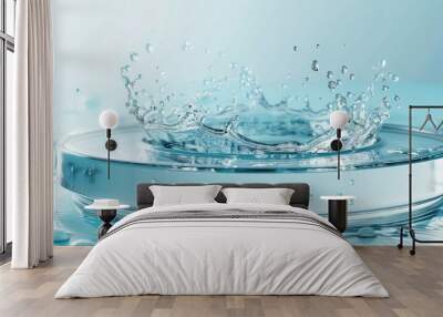 Empty circular glass podium placed on clear blue water with splashes in a mockup scene ideal for highlighting natural purity and a fresh feel of cosmetic product displayed in the copy space image Wall mural