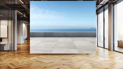 Empty concrete floor and gray wall. 3d rendering of sea view plaza with clear sky background. Wall mural