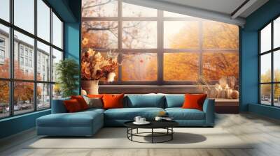 Empty desk with autumn themed window background Wall mural