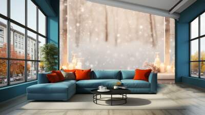 Empty table and winter window in background Wall mural