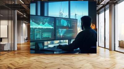 Engineer view a dashboard hud The program shows the total power generated by wind turbines and displays them on the hologram screen. Clean energy technology and renewable energy. Wall mural