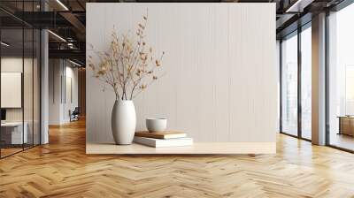 Eucalyptus branch in a modern vase coffee and old books on wooden table Empty mockup of beige wall Elegant living room with Scandinavian minimalist d Wall mural