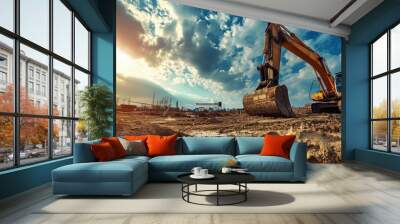 excavator blue sky heavy machine construction site. Creative Banner. Copyspace image Wall mural