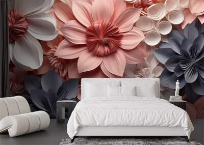 Fabric flowers product display background, satin floral decoration 3d rendering, abstract cloth embellishment, beautiful template for fashion accessories Wall mural