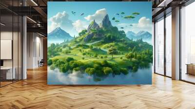 fantasy floating island with mountains, trees, and animals on green grass isolated with clouds. 3d illustration of flying land with beautiful land scape. Wall mural