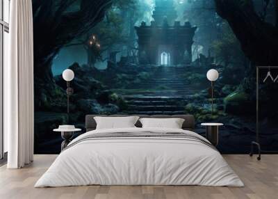 Fantasy stone temple in the forest at night Wall mural