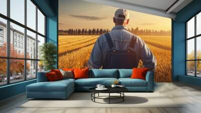 Farmer with tablet checks wheat field at sunset in rural meadow for a bountiful harvest Wall mural