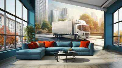 Fast delivery of goods by a white truck from a logistics company on a city road with the truck moving quickly on the avenue to distribute items for a postal serv. Mockup image Wall mural