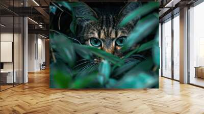 Feline peering from tall green foliage in a copy space image Wall mural