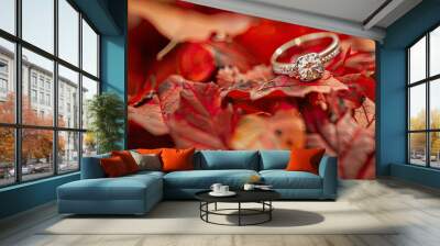 Festive autumn themed decoration with a wedding engagement ring displayed on red leaves in a copy space image Wall mural