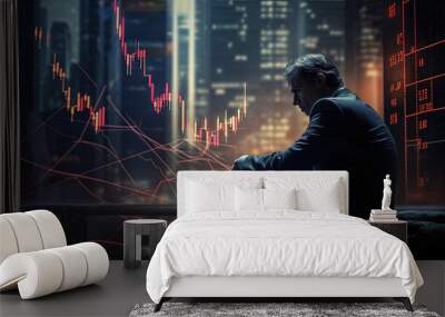 financial crisis, stock market crash unexpectedly, money loss, capital devaluation, risky investment strategy, poor economic situation, unstable portfolios. Investors go bankrupt as stocks fall. Wall mural