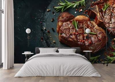 Flavorful ribeye steaks seasoned with aromatic spices ready for the grill accompanied by a stylish copy space image Wall mural