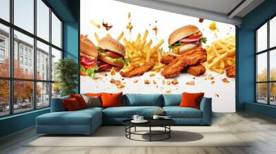 flying fast food dishes isolated on white abstract background. floating burger, steak, French fries, chicken sticks, fried chicken, hot dog. abstract fast food mock up and template design. Wall mural