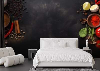 food cooking background, with a cutting board, spices, herbs, and vegetables placed on a black slate table. The view is from the top, and space available for adding text. Wall mural