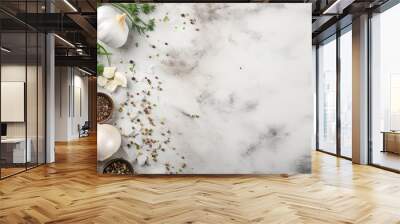 Food cooking background. Stone texture with sea salt, pepper garlic and parsley on light grey. Abstract food background. Empty space for text. Can be used for food posters, design of menu. Top view. Wall mural