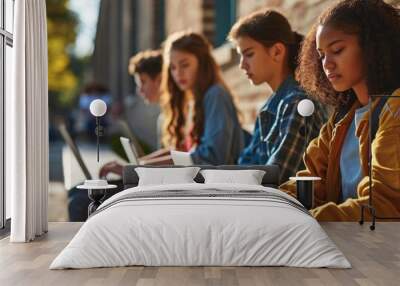 four high school students use laptops during group study with friends outside the classroom. Creative Banner. Copyspace image Wall mural