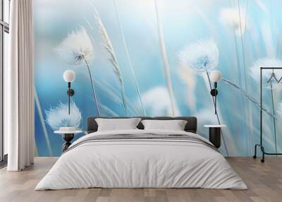 fresh blooming grass flower in garden in soft blue tone. Creative banner. Copyspace image Wall mural