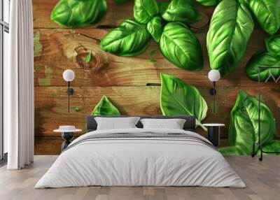 Fresh green organic basil leaves displayed on a textured wooden background ideal for vegan cuisine with a refreshing taste perfect for salads and ample space for text or a copy space image Wall mural