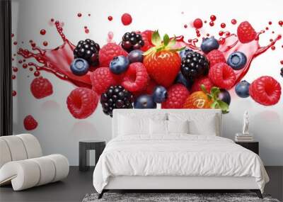 Fresh mix berries fruit with red raspberry, strawberry, blackberry and blueberry flying in the air isolated on white background. Wall mural