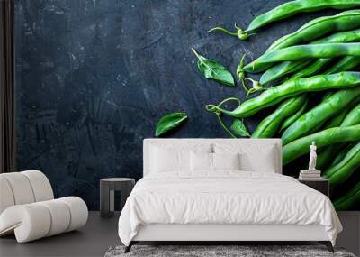 Fresh organic beans arranged in pods captured in a top down photo showcasing a concept of garden fresh vegetables with a copy space image Wall mural