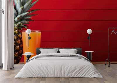 Fresh pineapple and pineapple juice on red wood table. Creative banner. Copyspace image Wall mural