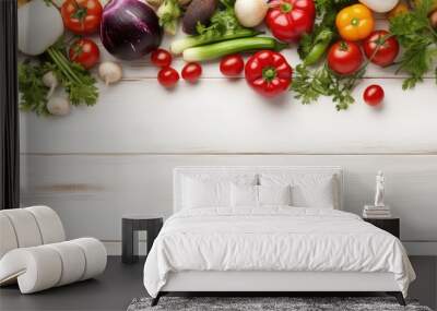 Fresh vegetables on white wood background. Mockup for menu or recipe Wall mural