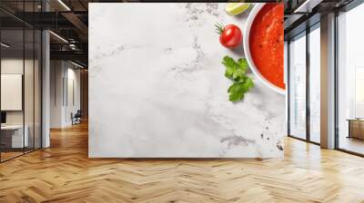 Gazpacho soup presented in a bowl on a light stone background with space for text. It is a chilled Wall mural