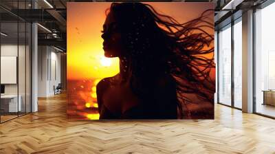 Girl s silhouette at sunset with abstractly wet hair Wall mural