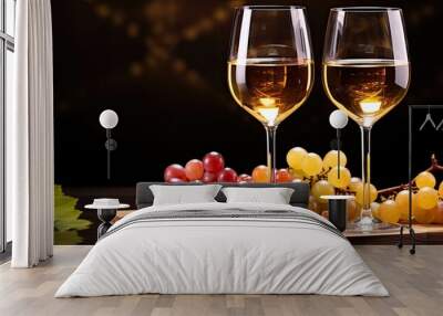 Glasses of wine with grapes and corks on a dark background, with room for text. Wall mural