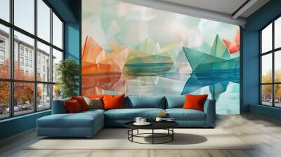 Glassy toned colored paper boats creating a captivating reflection in the copy space image Wall mural