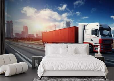 Global business logistics import export and container cargo freight ship, freight train, cargo plane, container truck on highway at city background with copy space, transportation industry concept Wall mural