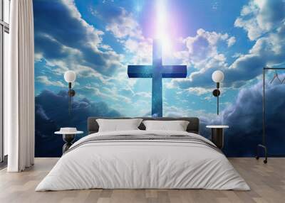 Glowing cross . Christian cross against the sky Wall mural