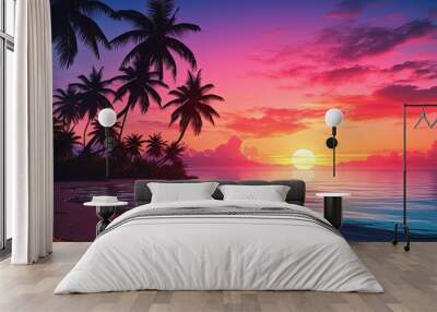 Gorgeous tropical sunset over beach with palm tree silhouettes Perfect for summer travel and vacation Wall mural