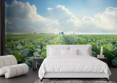 green cabbage in the field. Creative banner. Copyspace image Wall mural