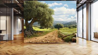 Green olive trees farmland, agricultural landscape with olives plant among hills, olive grove garden, large agricultural areas of olive trees Wall mural