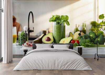 Green smoothies made with organic ingredients and vegetables are a popular concept in the food and drink, healthy dieting and nutrition, and vegan lifestyle. The modern kitchen table with a copy Wall mural