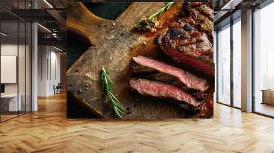 Grilled ribeye beef steak on a cutting board Cut beef steak sliced. Creative Banner. Copyspace image Wall mural