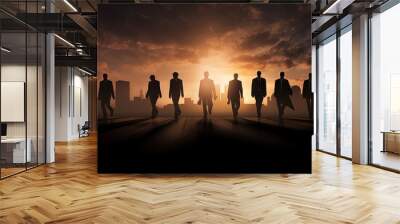 Group of men returning home from work with beautiful silhouette Wall mural