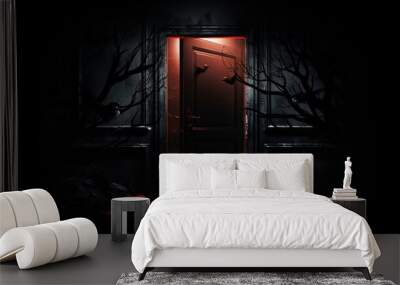 Halloween themed room with an open door in darkness. silhouette concept Wall mural