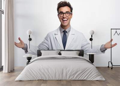 Happy male doctor in white coat with glasses and stethoscope showing victory sign on white background space for health text Wall mural