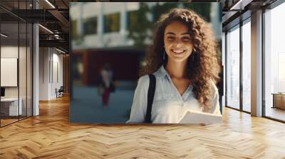 Happy young student posing outdoors near college building with backpack and books enjoying educational programs and studentship copy space available Wall mural