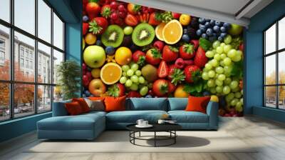 Healthy food background. Collection with color fruits, berries and vegetables Wall mural