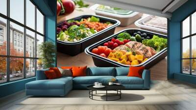 Healthy food delivery. Fitness food. Weight loss nutrition diet. Eat right concept, healthy food, clean food take away in aluminium boxes, vegetable salads and meat at white wooden table closeup Wall mural