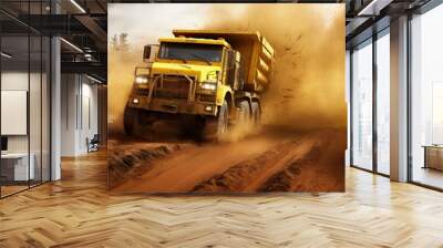 huge yellow mining truck on a dirt road with a trail of dust Wall mural