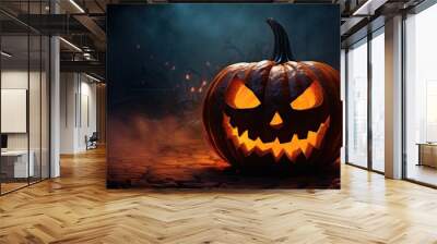 In the dark night a spooky Halloween pumpkin head with scary evil faces is illuminated creating a truly haunting and eerie atmosphere for the holiday Don t miss the chance to capture this copy space Wall mural